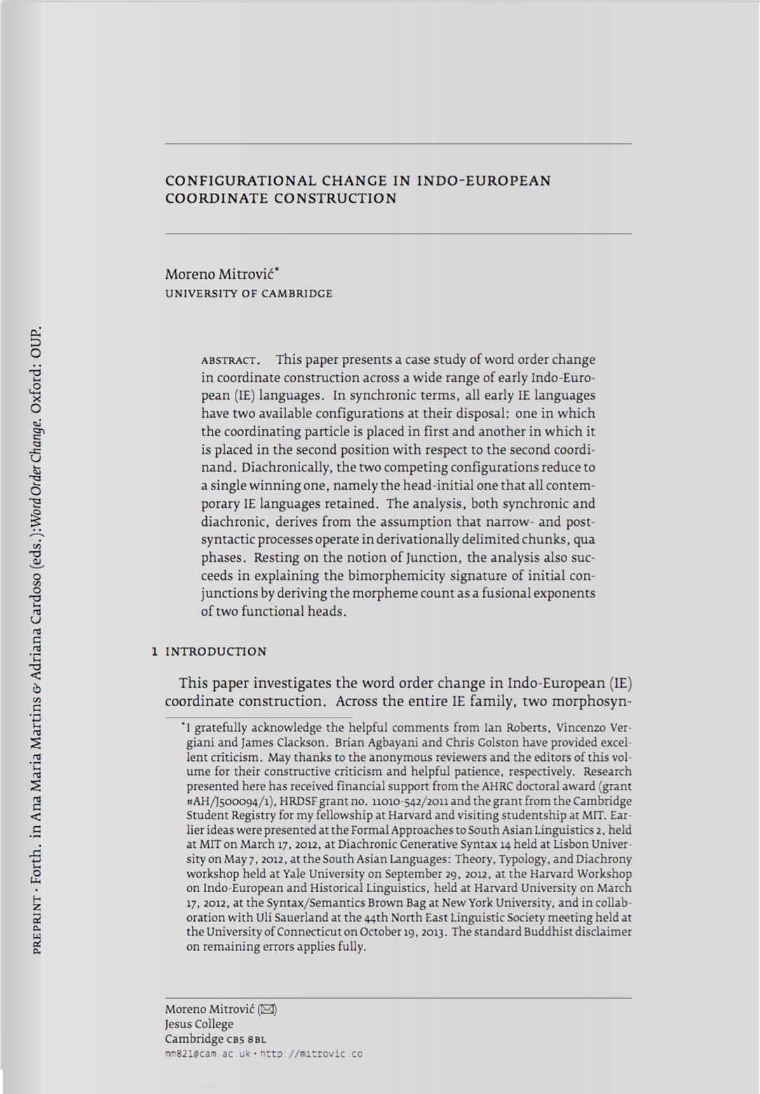 Configurational change in Indo-European coordinate construction